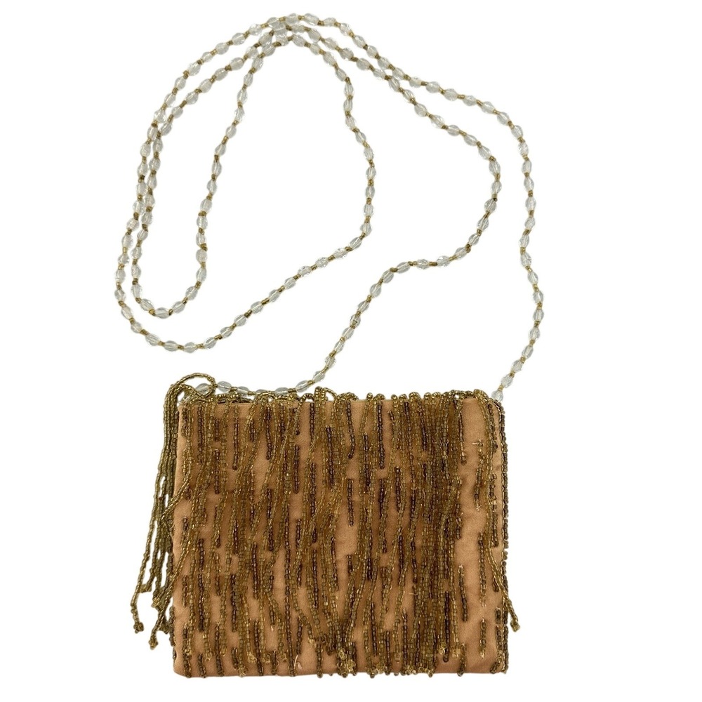 Moyna Mini Bag Gold Silk Glass Beads Fringe Crossbody Evening Art Deco Flapper